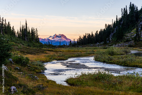 Scenic View of Brandywine Meadows in Whistler, British Columbia at Dusk with Mountain and Forest Landscape