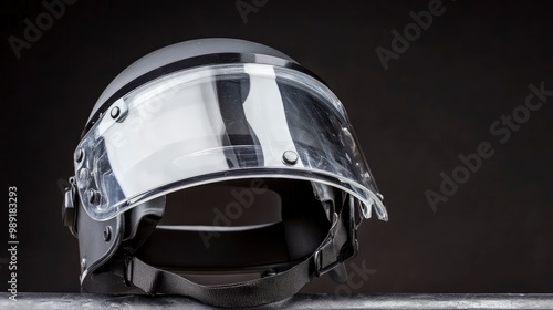 A police riot helmet with a clear visor, sitting on a barricade, cold streetlight photo