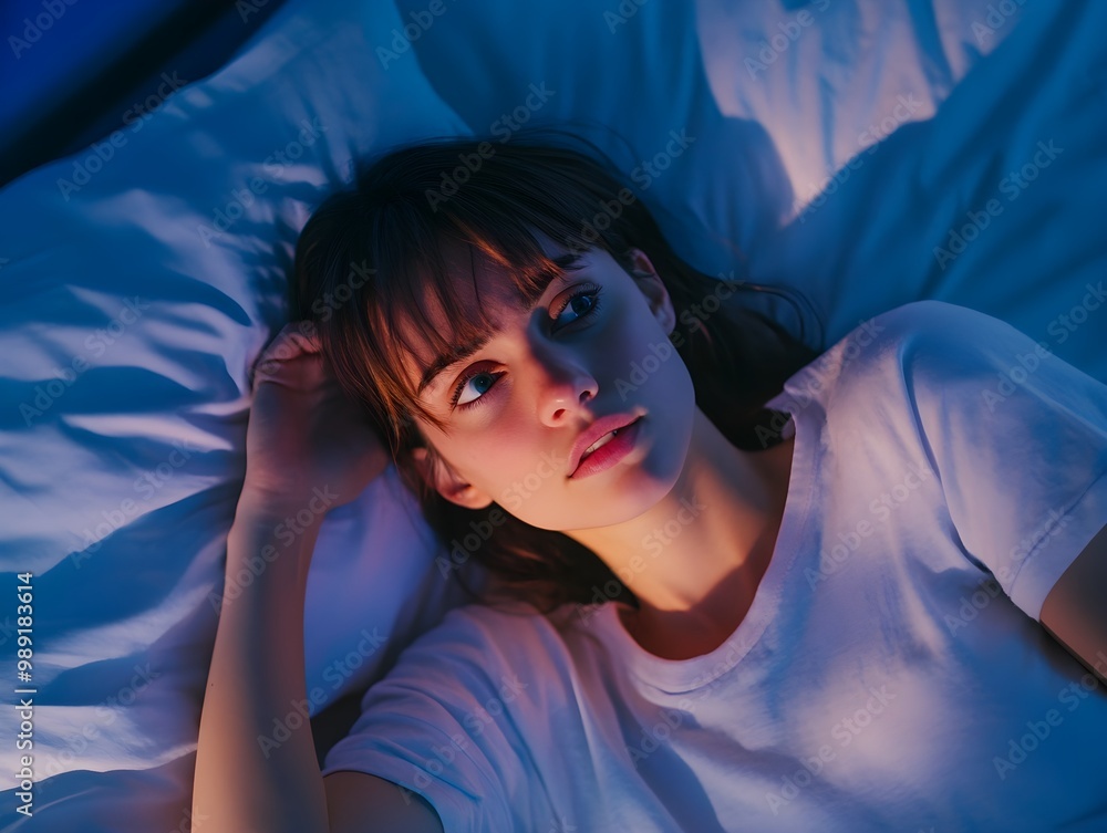 Thoughtful Woman in Soft Light on Bed Thoughtful Woman in Soft Light on Bed