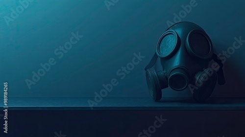 A rubber gas mask with straps, sitting on a metal shelf, cold blue lighting