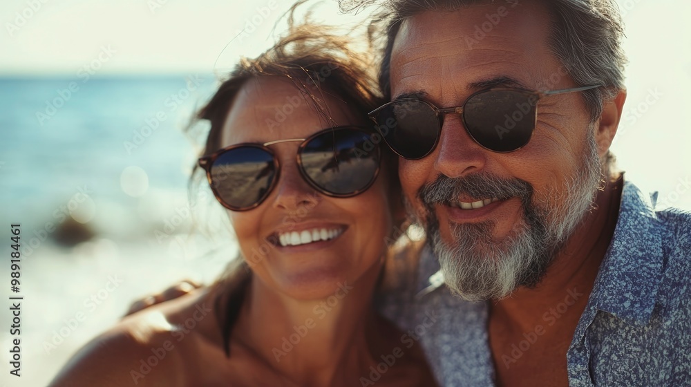 Close up portrait of mature couple on the beach feeling happy during vacation Close up portrait of mature couple on the beach feeling happy during vacation