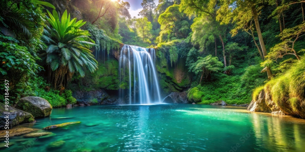 Obraz premium Tranquil waterfall in lush tropical jungle setting with crystal clear pool below
