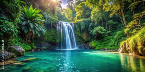 Tranquil waterfall in lush tropical jungle setting with crystal clear pool below
