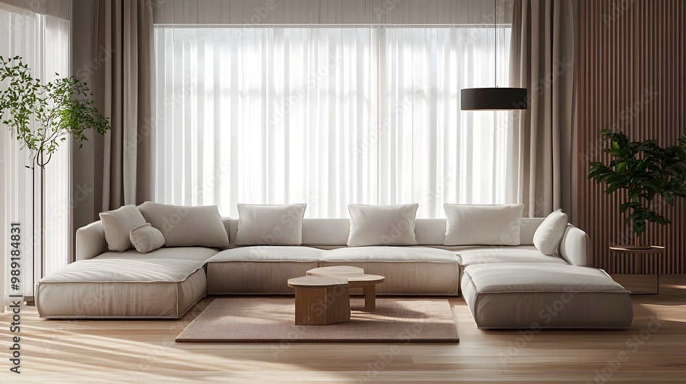 Cozy and inviting modern living room with a large comfortable sectional sofa and minimalist stylish decor The bright natural light filters through sheer curtains Cozy and inviting modern living room with a large comfortable sectional sofa and minimalist stylish decor The bright natural light filters through sheer curtains