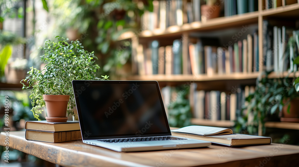 Laptop and books in library room. Laptop and books in library room.