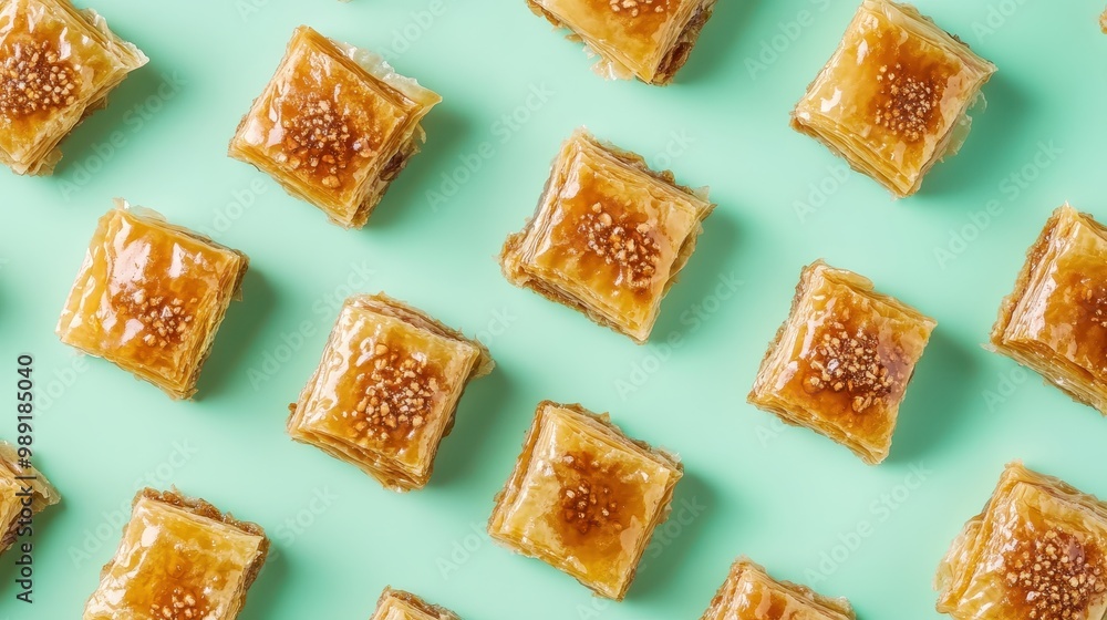 Aerial view of golden, syrup-soaked baklava pieces arranged on a mint green background. Aerial view of golden, syrup-soaked baklava pieces arranged on a mint green background.