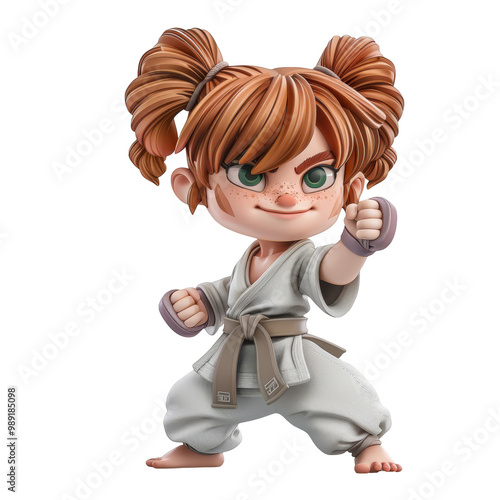 A young girl in a white karate uniform with a brown belt, wearing gloves and striking a pose.