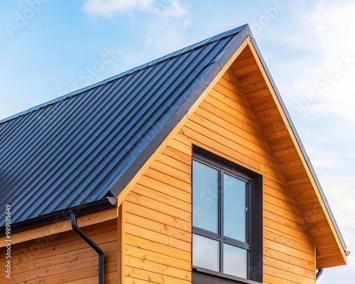 Modern home under construction with a metal roof being installed, reflective surfaces, metal roofing, contemporary design