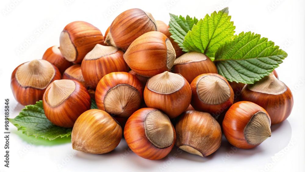 Fresh Hazelnuts with Leaves on White Background Fresh Hazelnuts with Leaves on White Background