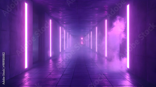 Purple Neon Lights in a Hallway with Smoke 3D Illustration