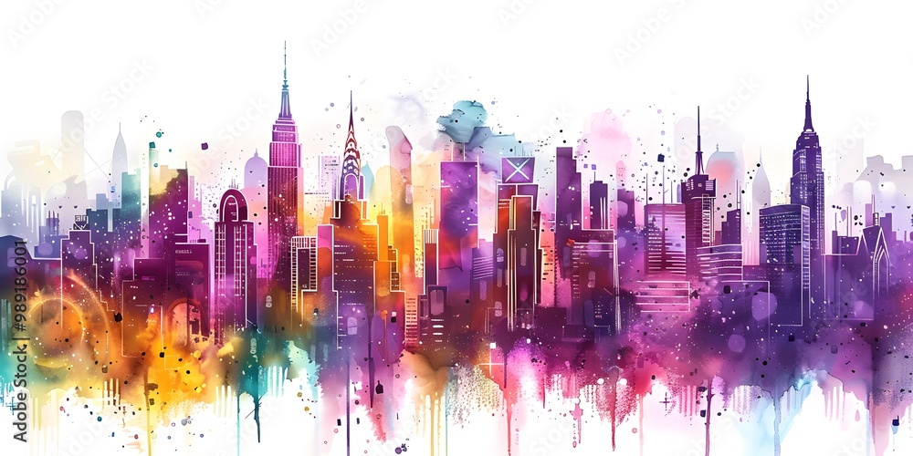 Fototapeta premium A vibrant, watercolor depiction of a city skyline, featuring tall buildings and a colorful blend of hues, symbolizing urban life and creativity.