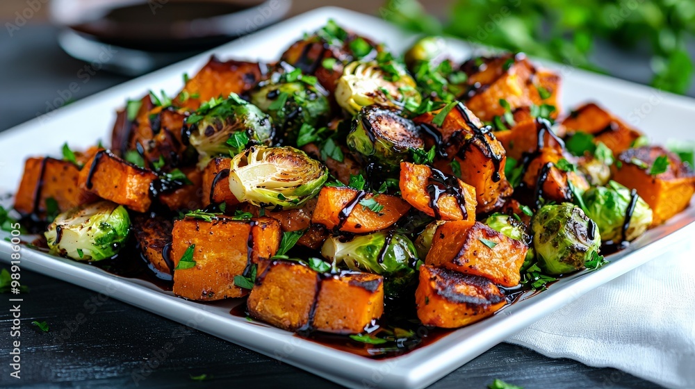 A simple yet elegant plate of roasted vegetables including brussels sprouts, carrots, and sweet potatoes, drizzled with balsamic glaze A simple yet elegant plate of roasted vegetables including brussels sprouts, carrots, and sweet potatoes, drizzled with balsamic glaze