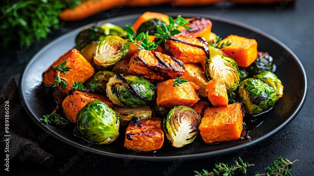 A simple yet elegant plate of roasted vegetables including brussels sprouts, carrots, and sweet potatoes, drizzled with balsamic glaze A simple yet elegant plate of roasted vegetables including brussels sprouts, carrots, and sweet potatoes, drizzled with balsamic glaze