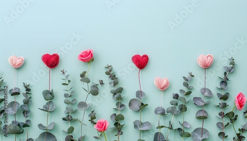 Minimalist Valentine's Day Background with Yarn Hearts and Eucalyptus photo