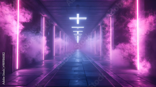 3D Render of a Neon Purple and Blue Corridor with Smoke