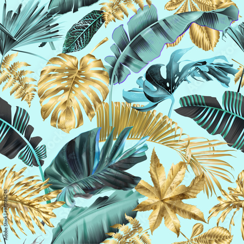 Vector tropical seamless pattern with gold leaves on blue background. Exotic botanical design for cosmetics, spa, perfume, beauty salon, travel agency, florist shop. Best as packaging design