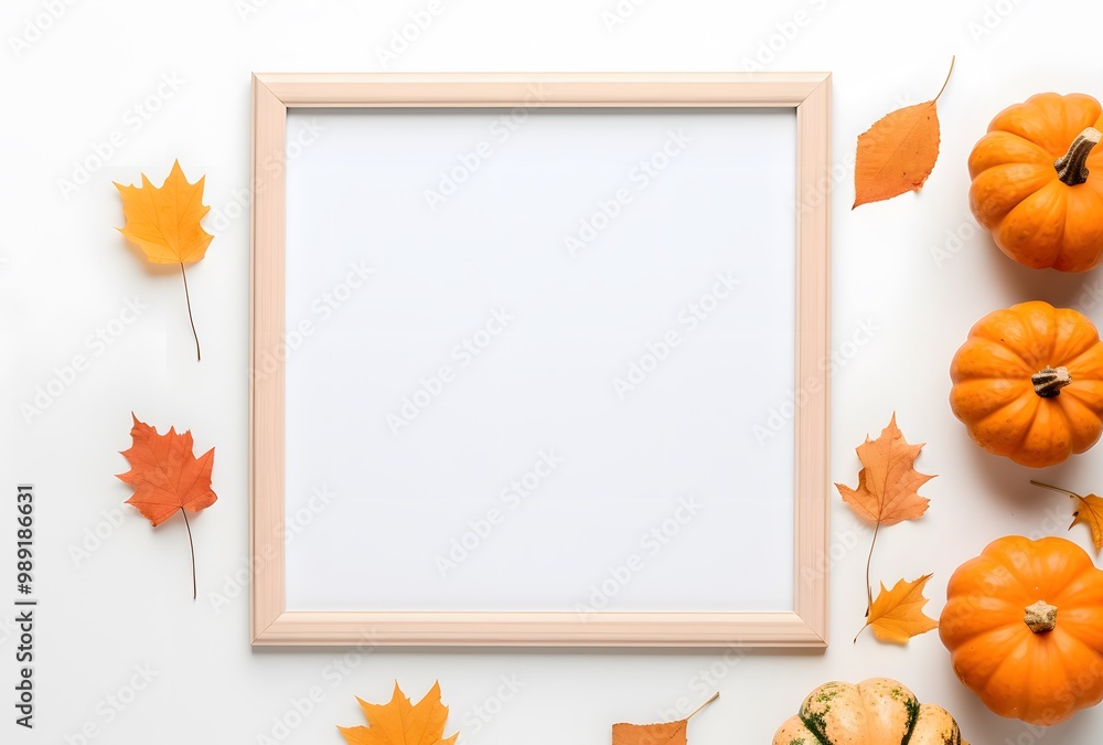 Fototapeta premium Empty Frame Mockup with Pumpkins & Fall Leaves