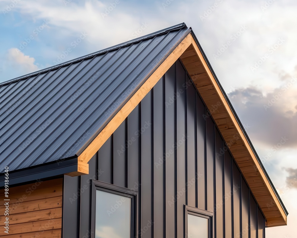 Modern home under construction with a metal roof being installed, reflective surfaces, metal roofing, contemporary design Modern home under construction with a metal roof being installed, reflective surfaces, metal roofing, contemporary design