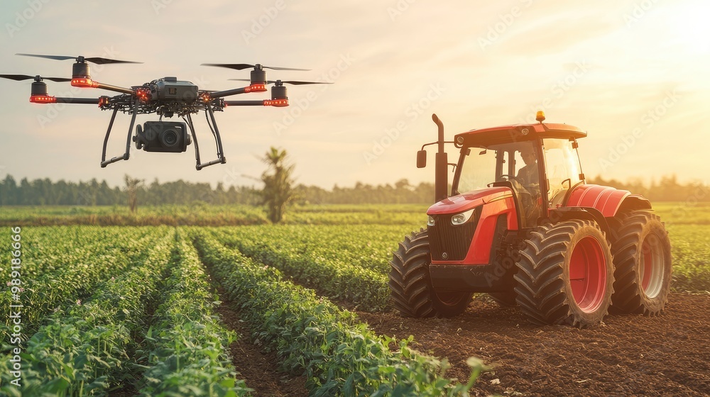 A smart agriculture system with autonomous tractors and drones working in sync, vast green fields stretching under soft daylight A smart agriculture system with autonomous tractors and drones working in sync, vast green fields stretching under soft daylight