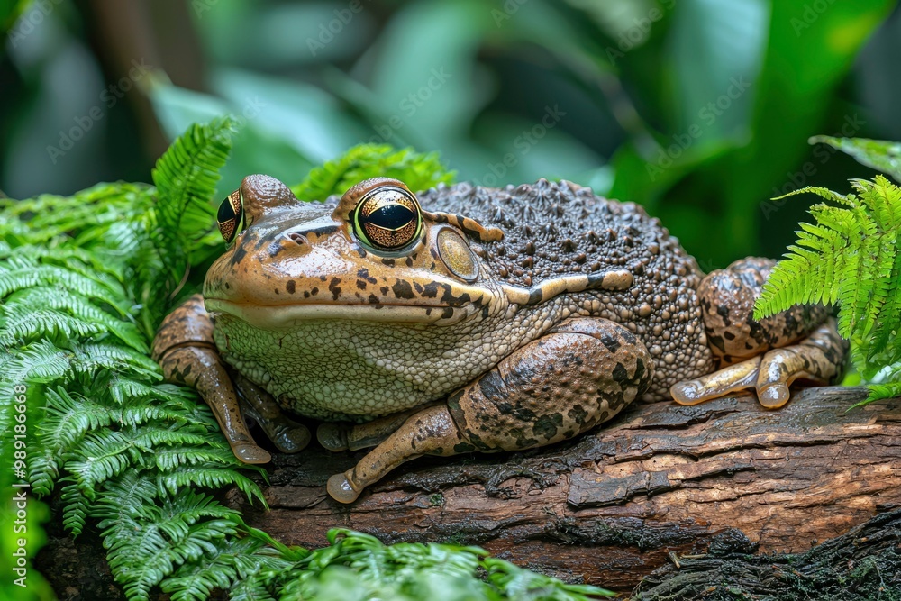 Fototapeta premium A Close-Up of a Brown and Black Frog Resting on a Tree Branch with Green Ferns