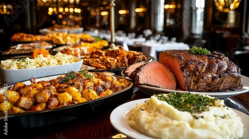 A rich buffet spread featuring prime rib roast, baked salmon, mashed potatoes, and assorted bread rolls, served in an elegant dining hall with chandeliers photo