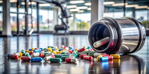 Wallpaper Mural Spilled supplement jar on gym floor with spilled pills and colorful capsules Torontodigital.ca