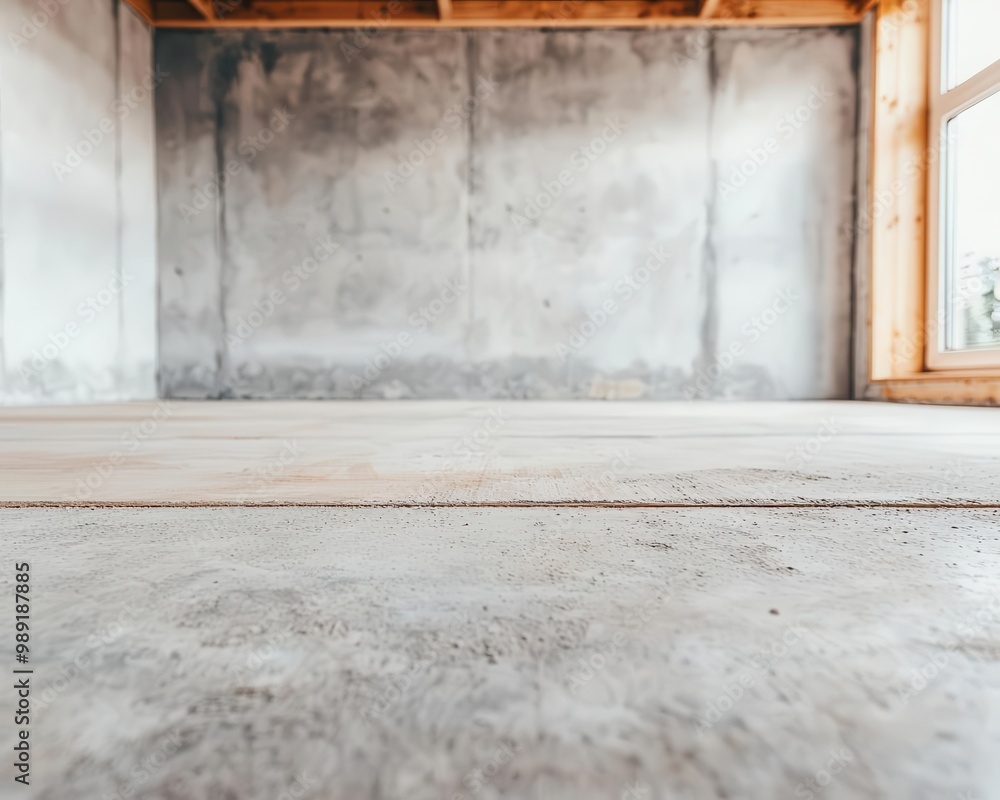 Fototapeta premium Home under construction with exposed concrete floors, ready for the next layer, concrete flooring, foundation finish