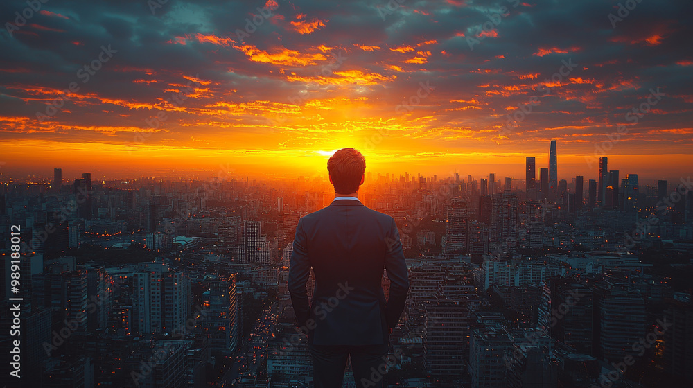 Fototapeta premium Man in suit looking out over a city skyline at sunset.