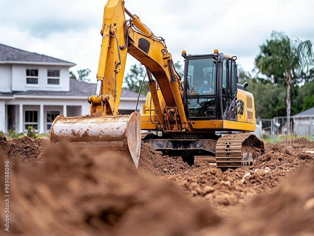 Home construction site with heavy machinery grading the land, preparing for landscaping, landscaping preparation, site development Home construction site with heavy machinery grading the land, preparing for landscaping, landscaping preparation, site development