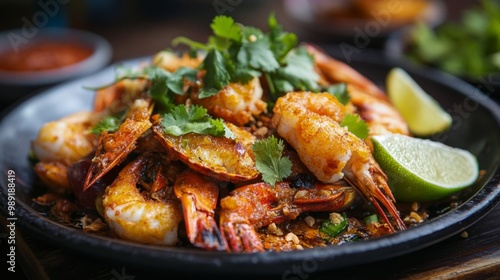 A sizzling plate of crispy fried shellfish served hot, garnished with fresh cilantro and lime wedges, highlighting the delicious textures and flavors of this popular Thai dish.