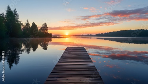 Serene sunrise over tranquil lake with wooden pier reflecting natures beauty