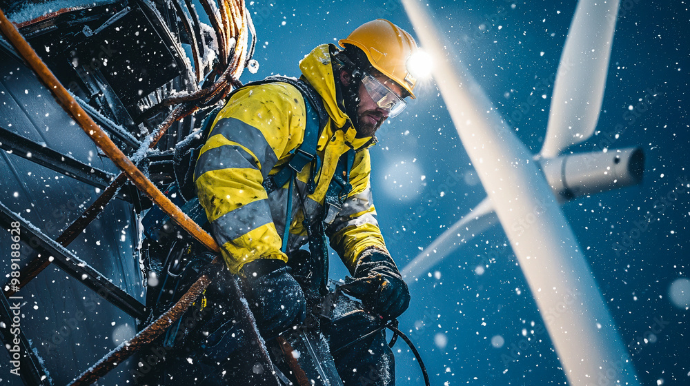 Fototapeta premium Worker on wind turbine in snowy weather