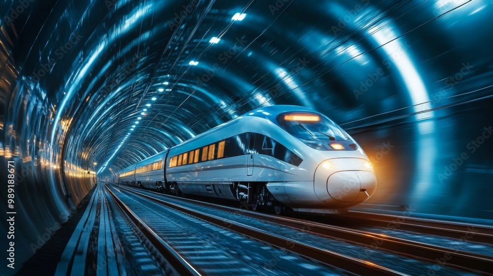 Naklejka premium A sleek high-speed train entering a modern tunnel, with lights illuminating the interior, showcasing the engineering marvel of transportation technology
