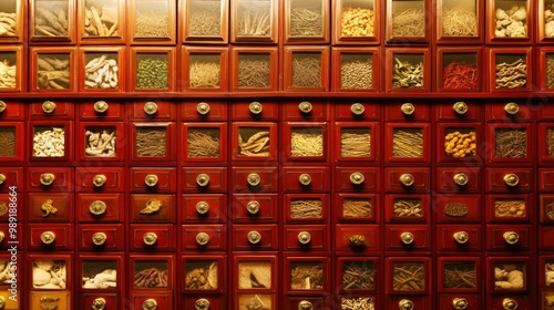 A traditional Chinese medicine cabinet filled with drawers of dried roots, leaves, and flowers, softly lit by warm lantern light