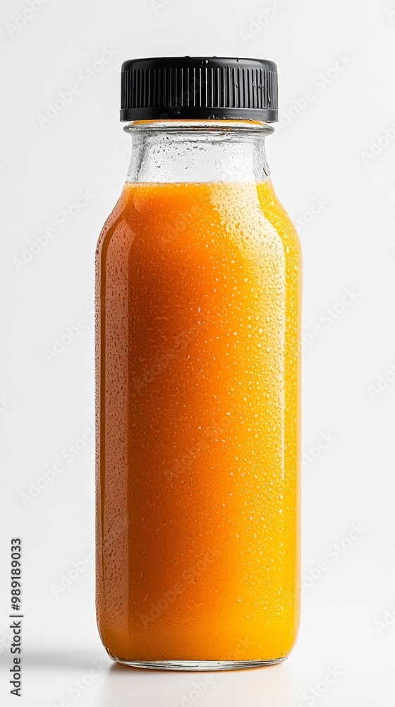 A refreshing cold-pressed juice made from carrots, oranges, and ginger, served in a clear glass bottle with condensation A refreshing cold-pressed juice made from carrots, oranges, and ginger, served in a clear glass bottle with condensation