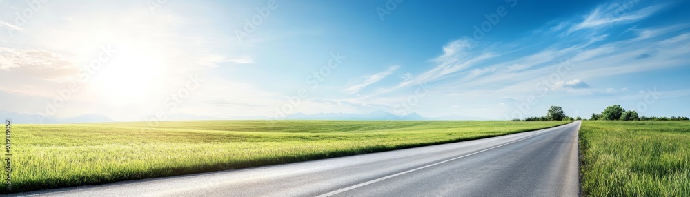 A serene road stretches through lush fields under a bright sky, capturing the essence of freedom and nature's beauty. A serene road stretches through lush fields under a bright sky, capturing the essence of freedom and nature's beauty.