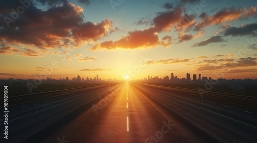 Fototapeta Naklejka Na Ścianę i Meble -  A breathtaking sunset over a city skyline, with a long road leading to the horizon, capturing tranquility and beauty.