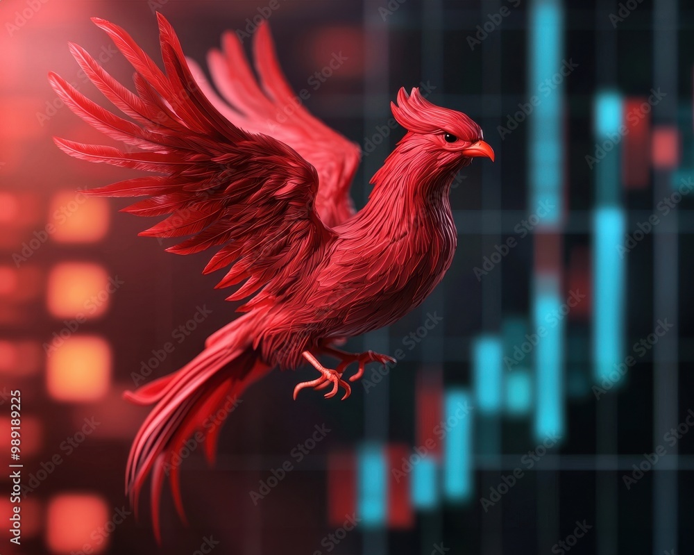 Fototapeta premium Vibrant red phoenix soaring against a digital financial background, symbolizing rebirth and resilience.