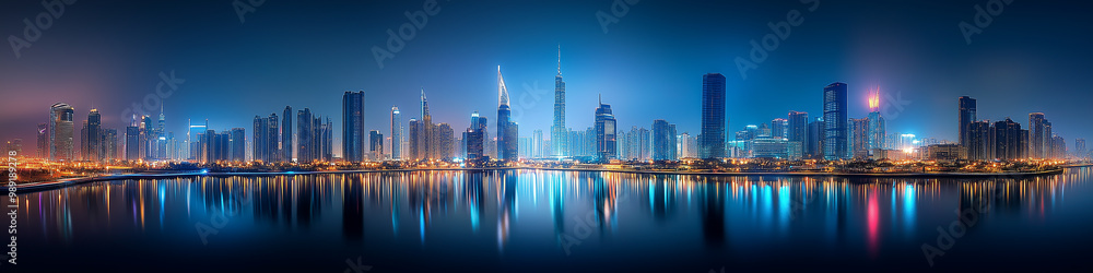 Obraz premium Panoramic nighttime cityscape with tall buildings, their glowing lights reflecting beautifully on the calm water below. For city nightlife concepts.