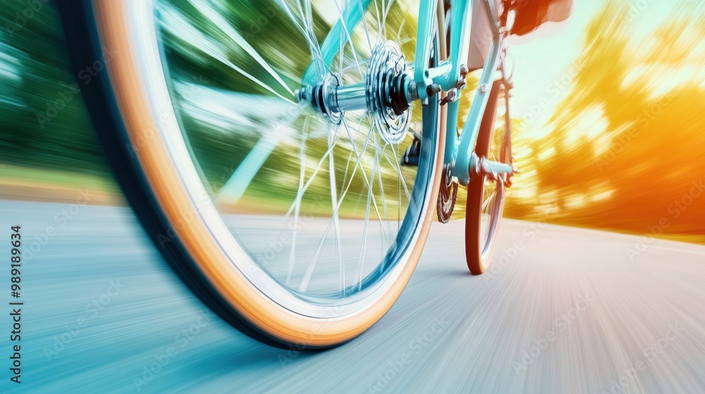 Naklejka premium A photo of a bicycle wheel spinning, with a motion blur effect to highlight the speed and direction of rotation.
