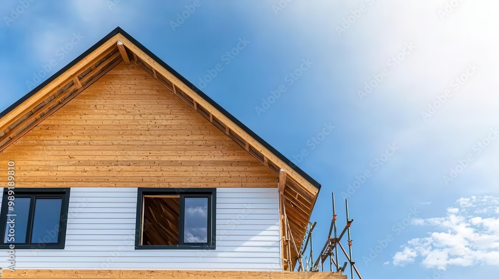Home under construction with scaffolding and workers installing exterior siding, siding installation, exterior finishing Home under construction with scaffolding and workers installing exterior siding, siding installation, exterior finishing