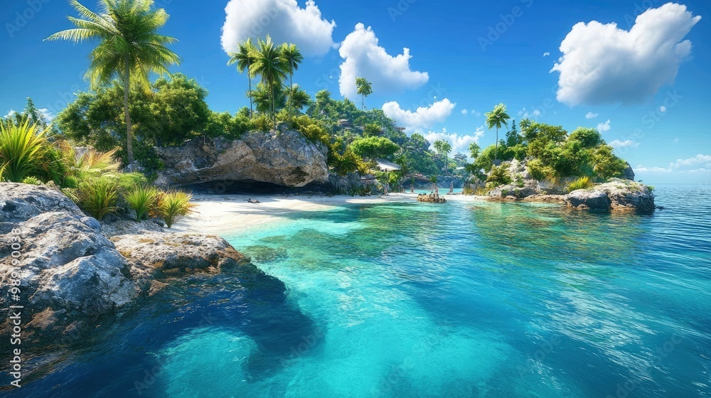 Obraz premium A tropical island with crystal-clear turquoise water, white sandy beaches, and lush green palm trees