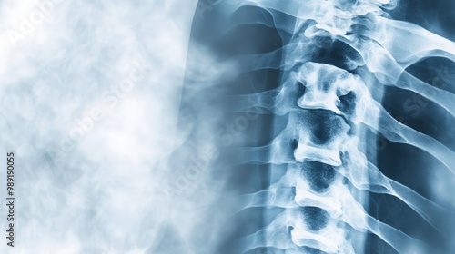 Detailed X-ray image showcasing the human spine with clear vertebral structures and background, ideal for medical use or education. photo