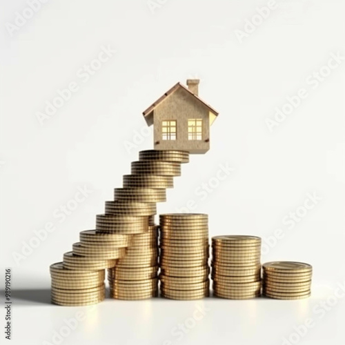 A house is on top of a pile of gold coins