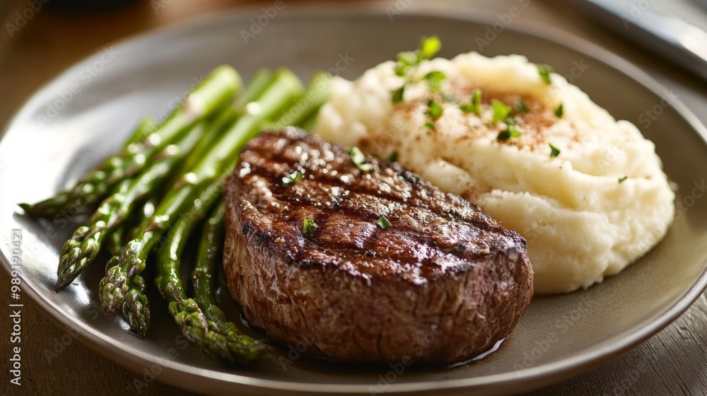 A steak dinner served on a plate with garlic mashed potatoes and steamed asparagus, beautifully arranged for an elegant dining experience A steak dinner served on a plate with garlic mashed potatoes and steamed asparagus, beautifully arranged for an elegant dining experience