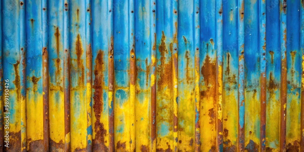 Rusty and damaged blue and yellow painted metal sheet