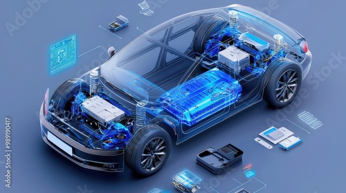 Electric Car Engine Diagram  X Ray  Futuristic Technology photo