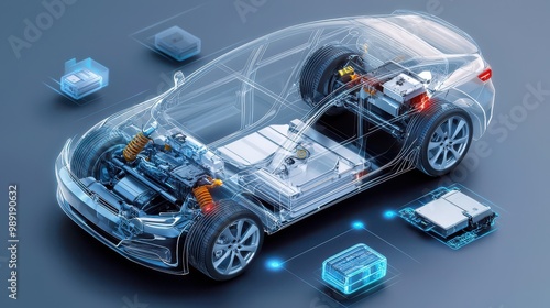Transparent Electric Car Engine And Battery Illustration