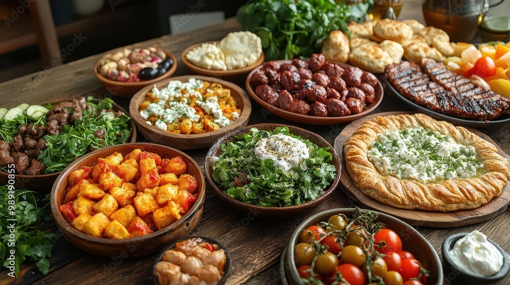 mouthwatering spread of traditional greek cuisine colorful salads mezze platters pies grilled fish and classic dishes artfully arranged on a rustic wooden table mouthwatering spread of traditional greek cuisine colorful salads mezze platters pies grilled fish and classic dishes artfully arranged on a rustic wooden table