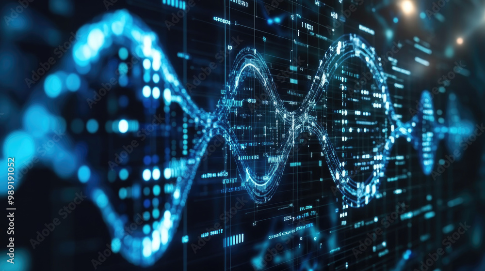Fototapeta premium A vibrant digital representation of a waveform illustrating data flow, featuring glowing blue patterns against a dark background